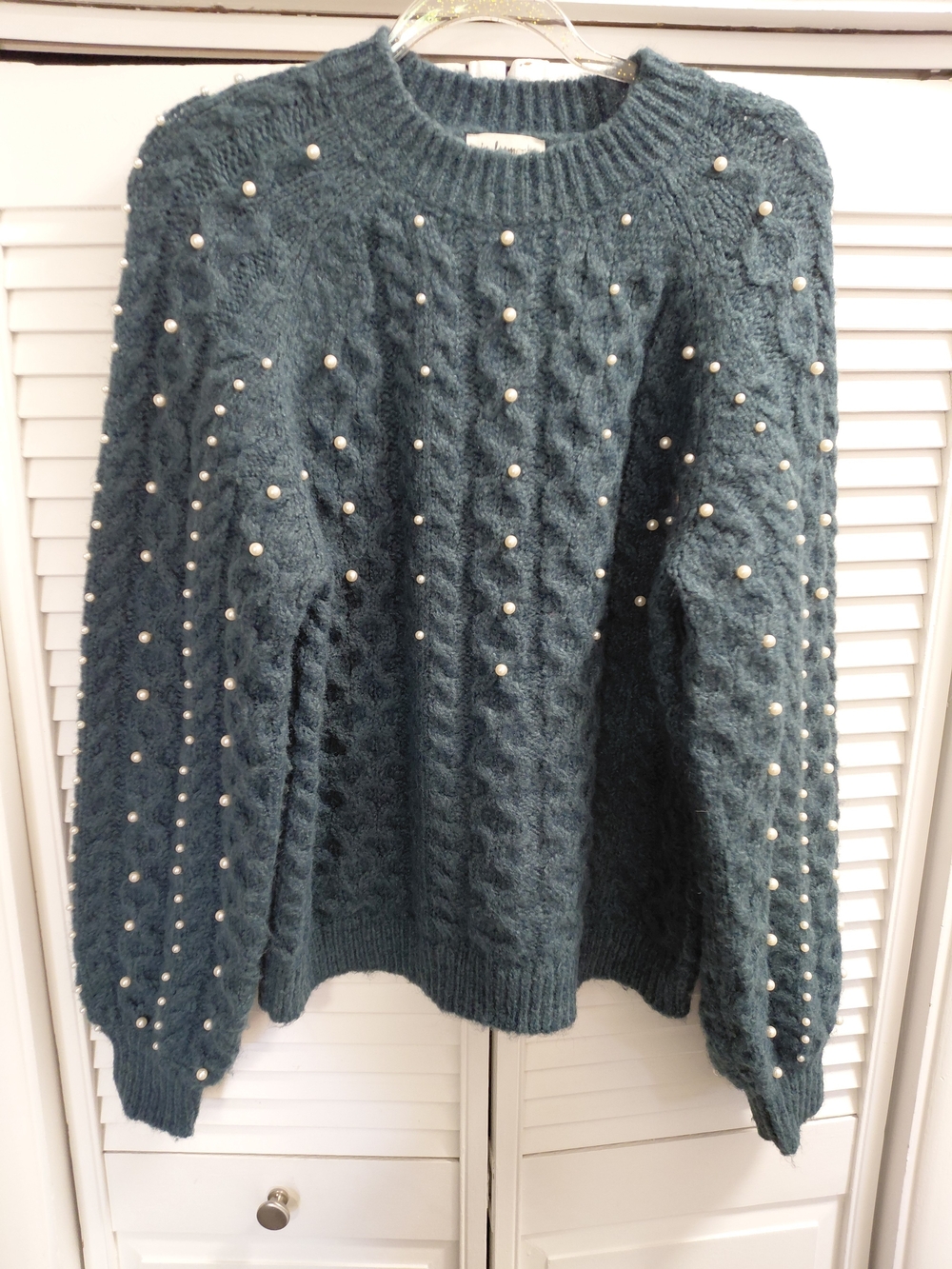 In Loom Teal Pearl-Embellished Cable Knit Crewneck Sweater